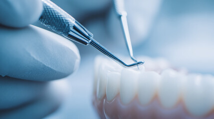 Dentist performs tooth cleaning procedure with dental tools in modern clinic setting