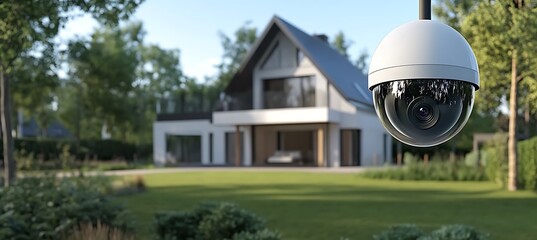 A banner with a smart home surveillance system, with copyspace on the bottom and a secure, tech-savvy home background 