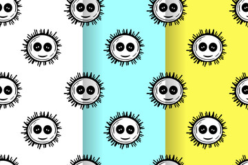 Cute seamless black and white gothic sun halloween pattern. Cartoon character  sun is smiling. Set of three patterns. Flat design. For wallpaper, textiles, packaging, background, website.