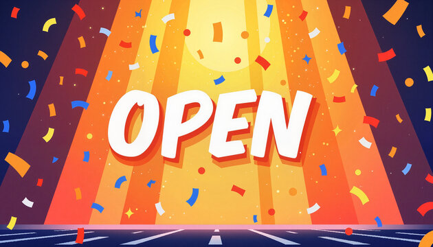 Vibrant celebration of grand opening with confetti and lights, excitement