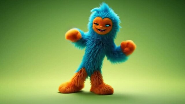 Exercise cartoon of a blue and orange furry creature standing on a green background. Perfect for fitnessrelated designs and childrens educational materials.