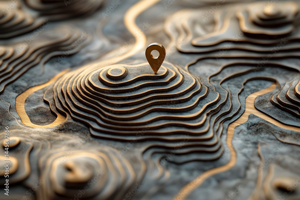 Poster Abstract topographic map with gold marker, showcasing layered terrain texture, symbolizing navigation, exploration, or journey concept
