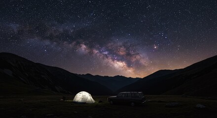 Starry Night Over Camping Tent and Van in Mountain Landscape  
