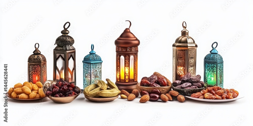 Poster white backdrop showcasing an eid festive lamp with dates.