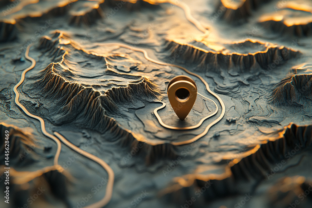 Poster detailed textured 3d model of mountain range with gold location marker, showcasing geographic concep