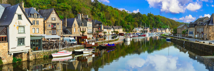 France travel, most scenic villages and towns of Brittany. Picturesque traditional port of Dinan...