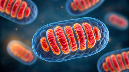A vibrant illustration of mitochondria, showcasing their elongated, tubular structure with a colorful internal membrane, symbolizing energy production within cells.
