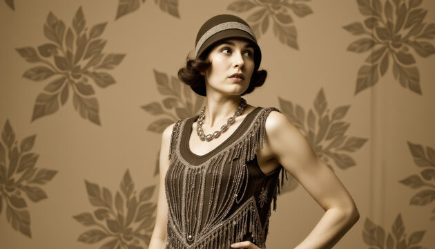 A stylish woman in 1920s flapper attire poses against a vintage floral wallpaper background.