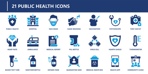 Public health icons pack in solid style including face mask, vaccination, virus cell, medical report, thermometer, quarantine sign, and health app.