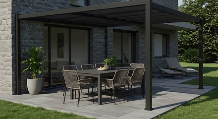 Modern Outdoor Patio Design with Black Metal Pergola and Stylish Furniture