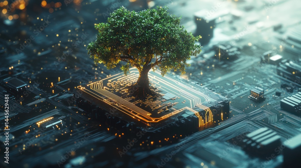 Poster a vibrant tree grows from a circuit board, symbolizing the intersection of nature and technology. a 
