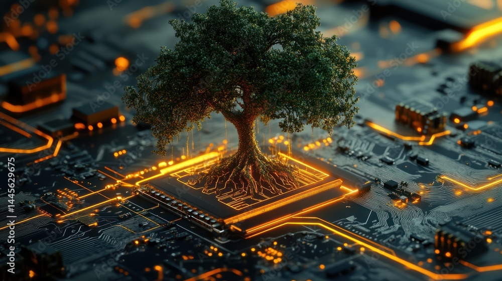 Poster a vibrant tree with roots embedded in a circuit board. luminous energy streams around the components