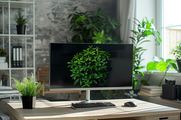 Create a sleek and stylish home office space with a modern thin bezel monitor and a touch of nature with a vibrant green plant, ensuring a clean and organized workspace for maximum productivity    