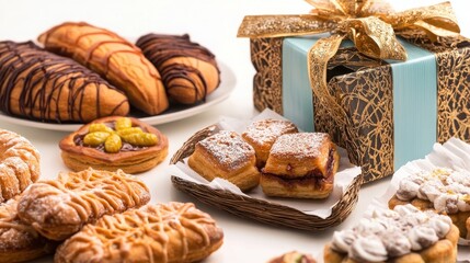 Isolated white background featuring an Eid gift box and pastries.