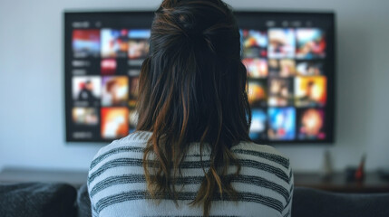 Woman watching television at home, engaged with content on her smart TV
