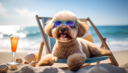 Poodle puppy on the sea on summer, vacation holidays concept