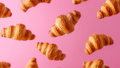 Croissants in mid-air against a pink backdrop