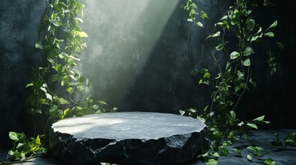 Dark Moody Stone Platform with Green Ivy and Sunlight Rays