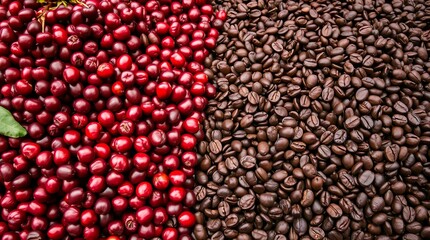 Split-View Coffee Journey: Fresh Cherries vs. Roasted Beans - Contrasting Stages of Coffee Production