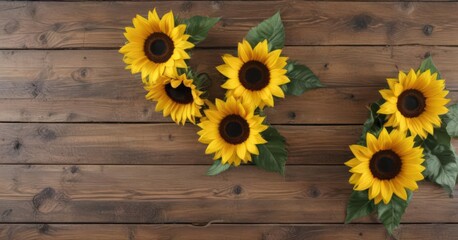 Sunflowers arranged on rustic wood, vibrant yellow petals , wooden board, sunflowers