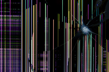 Television analog noise of the TV. Broken, shattered monitor screen. No signal and broadcasting.