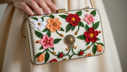 A stylish clutch purse with floral embroidery, held by a woman in a cream dress, features vibrant red, pink, and orange flowers and gold accents.