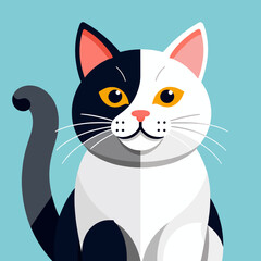 Fototapeta premium Cute_Cartoon_Black_and_White_Cat_Illustration_Adorable_Pet_Artwork_Geometric_Design_Bright_Yellow_Eyes_Playful_Kitty_Character_Against_Aqua_Background_Stylish_Animal_Graphic