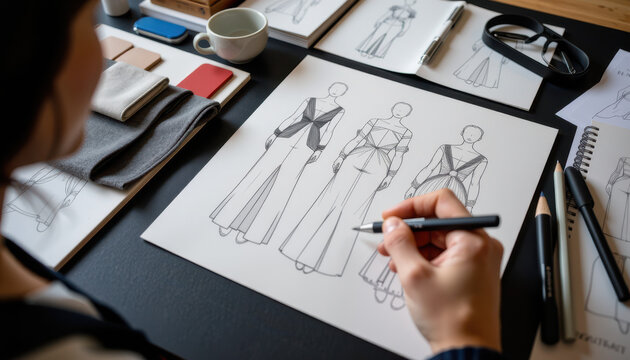 A fashion designer sketches clothing concepts on paper surrounded by fabrics, color swatches, and design tools.