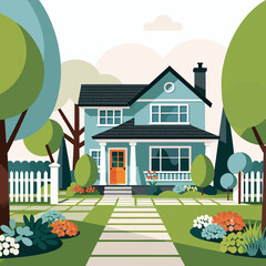 Charming Two Story Home with Lush Landscaping_A Beautiful House with a Well Maintained Lawn and Garden_Inviting Home Exterior with Stone Pathway and White Picket Fence_Perfect Suburban Home 