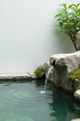Naklejka premium Serene Water Feature Tranquil Waterfall Flowing into a Small Pond with Lush Greenery