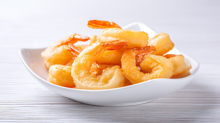 Golden Fried Shrimp in White Bowl on Wooden Surface