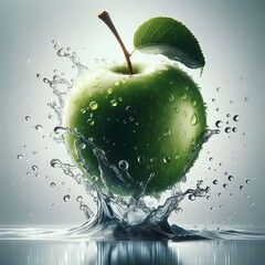 Fresh green apple with dynamic water splash isolated on white background for health or freshness concept