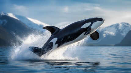 Fototapeta premium Majestic orca breaching in cool ocean waters scenic seascape wildlife photography serene environment action capture