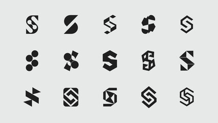 Collection of modern minimalist initial letter S logos on solid white background 
