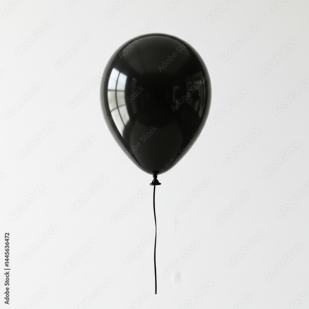 Poster a single black balloon floating against a plain white background with a long string attached to it