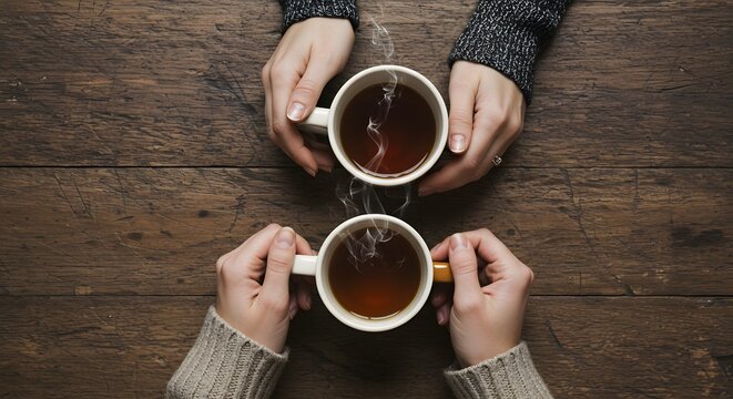 AI image showing an overhead view of two pairs of hands holding steaming mugs of coffee over rustic wooden table.