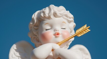 Fototapeta premium A white porcelain cupid figurine with rosy cheeks holds a golden arrow against a clear blue sky.