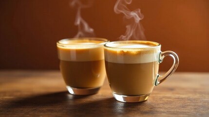 Two steaming cups of cappuccino on a wooden table, a perfect moment of quiet indulgence