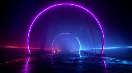 Immersive neon arch tunnel with pink and blue rings in mist