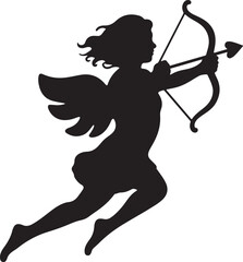 Fototapeta premium Flying cupid with bow and arrow silhouette vector illustration