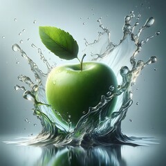 Fresh green apple with dynamic water splash isolated on white background for health or freshness concept