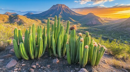 Desert sunrise, cacti, mountains