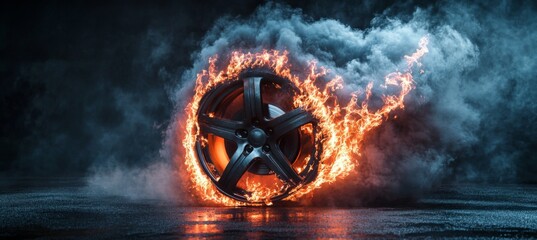 A burning car wheel with smoke, against a dark background, resembling a banner design
