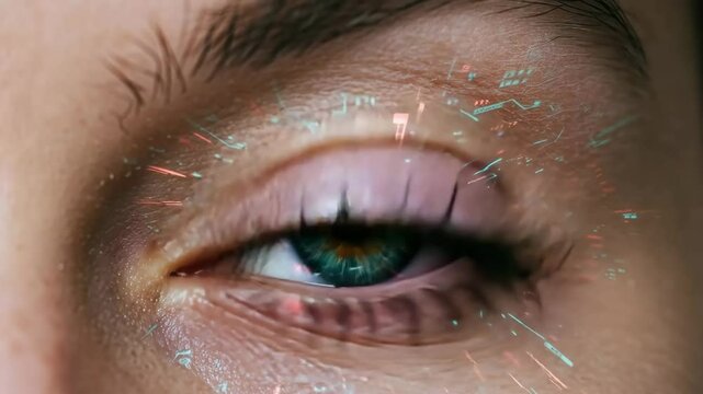 Ai data processing beautiful eye scan, digital life augmented reality interface concept, futuristic technology hud overlay on human eye, cyber tech circuit and data stream visualization - Powered by Adobe