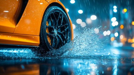 A close-up of the wheels and tires on an orange sports car driving through rain, splashing water in motion, with blurred city lights in the background