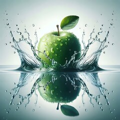 Fresh green apple with dynamic water splash isolated on white background for health or freshness concept