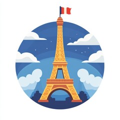 Eiffel Tower at night with clouds, moon, and French flag, round vector Paris landmark.