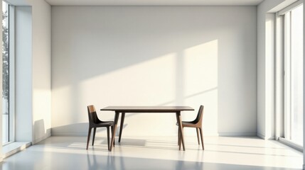 Minimalist Dining Room Scene with Sunlight Streaming Through Windows and Modern Wooden Table