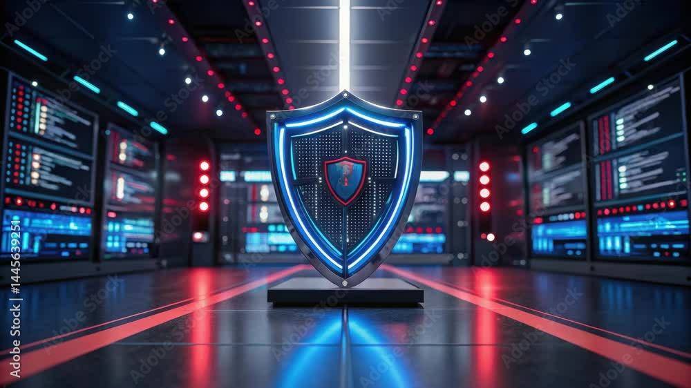 Poster spam call on phone technology, a futuristic digital environment featuring a prominent shield symboli