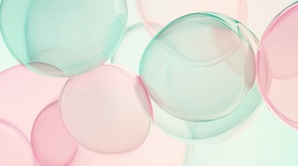Obraz premium A geometric abstract composition featuring overlapping transparent shapes in soft pastel pink and mint green tones with soft shadows and a clean, modern aesthetic.